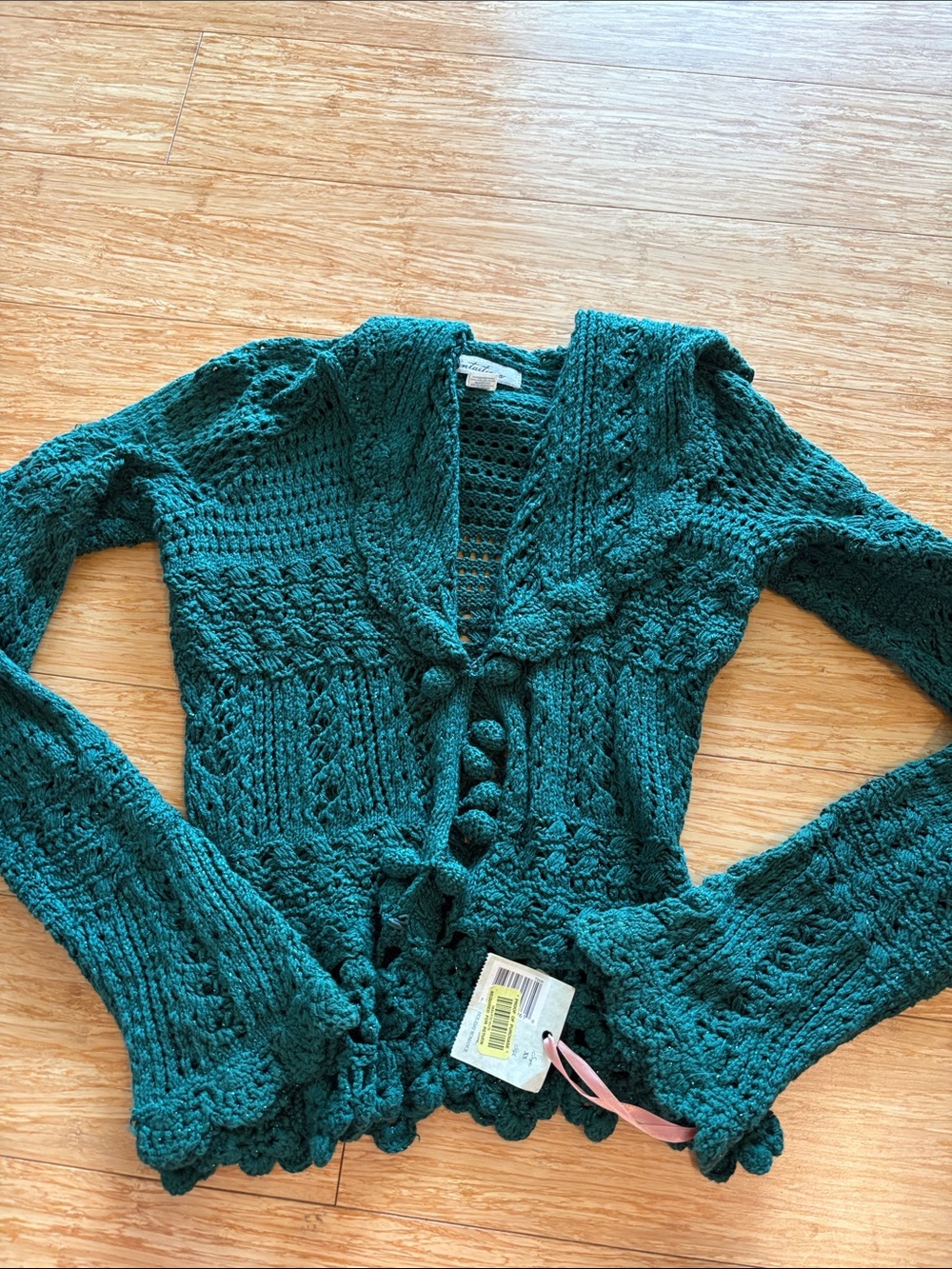 NWT Intuitions Emerald Green Crochet Knit Flared Sleeve Cardigan size XS vintage
